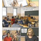 In einem Klassenzimmer liest ein Schüler aus einem Buch vor. Schüler sitzen an Tischen, eine Lehrerin am Pult.