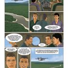 Ein Wasserflugzeug fliegt über einen Fluss im Dschungel. Innen sind drei Personen im Cockpit in einem lebhaften Gespräch.