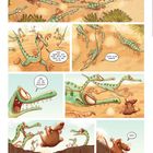Ein Cartoon mit Dinosauriern in einer Wüstenlandschaft verfolgt ein Nagetier. Dialoge: Strategie und Motivation.