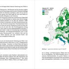 Links: Text über Wanderungen und Verbreitung von Wölfen in Europa. Rechts: Europakarte mit Wolfsvorkommen, farbig markiert.