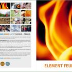 Links: "FEUER. WASSER. ERDE. LUFT. THEORIE + PRAXIS." 
Rechts: "ELEMENT FEUER" über einer Illustration von Flammen.