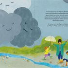 Text: „Es ist ein grauer Tag. Ein Regentag... dass es nur so platscht.“ Illustration: Wolken, fröhliche Kinder, Frau mit Schirm im Regen.