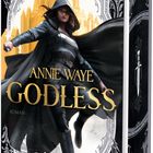 „Annie Waye - Godless“, Roman. Eine Frau im Lederoutfit vor goldener Kathedrale, dunkler Hintergrund.