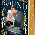 „Bound: Die tödliche Unendlichkeit von Liebe.“ Illustration: Paar in inniger Pose, verziert mit goldenen Ranken.