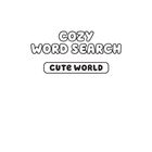 Text: COZY WORD SEARCH, CUTE WORLD. Schlichte schwarze Schrift vor weißem Hintergrund.