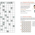**Schwedenrätsel**: Enthält Hinweise wie "aromatischer ind. Reis", "Lachs-Fisch", "eines Tennis-Schmetterball". Auf der rechten Seite steht "Magische Buchstaben", mit einer Geschichte über einen Magier und zufällige Buchstabenkombinationen. Darunter "Kreise am Faden" mit einer Zahlen- und Buchstabenkreisanordnung und einer Aufgabenbeschreibung.