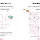 "KLEINES KREUZWORTGITTER" und "WOHIN DES WEGE?" Überschriften. Kreuzworträtsel links, Labyrinth rechts. Illustrationen: Handtücher, Kerzen.