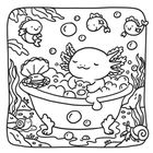 Illustration eines lächelnden Axolotls in einer Badewanne voller Blasen. Umgeben von Fischen und Schnecken.