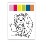 Oben sind sechs Farbfelder. Illustration: Ein fröhliches Tier hält einen Drachen mit einem lächelnden Gesicht.