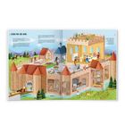 Illustration einer Burgszene mit Texten wie "Leben auf der Burg", "Jagd", "Küche", "Festsaal", "Weinfelder".