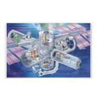 „Internationale Raumstation“ und Bereiche wie „Schlafraum“. Illustration einer Raumstation im Weltall mit Modulen.