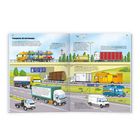 Transporter, die viel bewegen. Verschiedene Lastwagen auf Straßen, darunter Autotransporter und Kühlwagen, mit Landschaft.