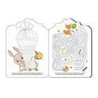 Auf der linken Seite sieht man ein Kaninchen und einen Vogel bei einer Zuckertüte. Rechts ist ein Fuchs bei einem Labyrinth.