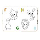 F, G, H, I in farbigen Buchstaben. Illustration von kindlichen Tieren: Fuchs, Gans, Hund, Igel.