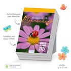 Aufstellkalender zum Abreißen. Titelblatt "Gedanken & Sprüche", Abreißkalender 2027, auf einem pinken Blütenhintergrund.