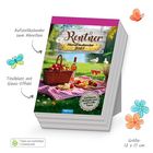 "Aufstellkalender zum Abreißen" steht oben. Ein Kalender zeigt ein Picknick-Szenario mit bunten Schmetterlingen.