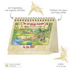 „Der 100-jährige Kalender“ und „Im Jahr 2027“ steht auf einem Tischkalender. Illustration mit Kühen und Bauernhof.