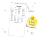 Schulferien 2027 Liste, daneben gelber Zettel mit Sonnen-Emoji und Text "Schöne Ferien!". Herzen im Hintergrund.