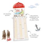 Familienkalender mit herzlichen Sprüchen und 5 Spalten. Illustrationen von Bootssteinen, Krabbe und Anker.