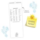 Schulferien 2027 auf einem Kalender, daneben ein gelber Zettel mit "Schöne Ferien!" und Sonne. Florale Verzierungen.