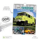 „DDR Fahrzeuge Wochenkalender 2027“. Grüner LKW, türkisfarbenes Motorrad, orangener PKW, „Größe: 19 x 25 cm“.