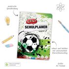 Text: "WOW! Mein wissenswert organisierter Wochen-Schulplaner 2026/27." 
Bilder: Fußball, Glühbirne, Pinsel.