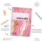 DER SCHULPLANER 2026/27. Pink-goldenes Cover mit Spiralbindung, Skizzen von Glühbirne, Bleistift und Malpinsel. A5 Format.