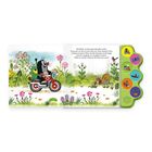 Text: "Das Wetter ist heute ganz besonders schön..."<br>
Illustration: Ein Maulwurf und ein Frosch fahren auf einem Motorrad durch eine bunte Wiese mit Blumen.