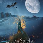 "April Wynter, Das Spiel der Flammen." Eine Illustration mit einer Figur in Flammen, einem Drachen und großem Mond.