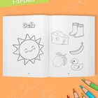 Text: "Farben", "Gelb".  
Illustration: Sonne, Käse, Gummistiefel, Zitrone, Banane, Ente. Bunte Bleistifte auf orangefarbenem Hintergrund.