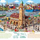 "ST. PAULI-LANDUNGSBRÜCKEN. Hamburger Besonderheiten. Helgas Auftrag." Eine bunte Hafenszene mit Schiffen und einem Bus.