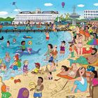 DLRG, Seenotretter auf einem Turm. Viele Menschen beim Spielen und Entspannen am Strand und im Wasser. Ein Schiff im Hintergrund.