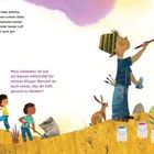 Links: Text über das Atmen und Inhalator. Rechts: Kind malt bunte Steine. Ein Kaninchen und zwei Kinder mit Schubkarre.
