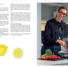 "Orientierung für Frauen 50 plus" über Ernährung. Links eine Illustration von Zitronen. Rechts Frau kocht, lächelt.