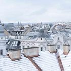 Verschneite Dächer in einer Stadtlandschaft. Historische Gebäude mit verzierten Fassaden und Kuppeln.