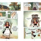 Zwei Seiten einer Comic-Illustration zeigen eine Szene mit Sprechblasen. Eine Frau namens Suri bietet Monsterbändigung an.