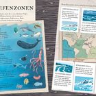 Titel: DIE TIEFENZONEN. Links Erklärungen zu fünf Zonen des Ozeans mit Tieren. Rechts Ozeanbeschreibungen und eine Weltkarte.