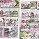 "ROMULUS UND REMUS", "Wir sind die Babys!", "Alba Longa: Aba Sicha!", "Huh, kennt ihr mich nicht?", "20 Jahre später...", "Mord". Zwei Seiten einer Comic-Illustration zeigen Szenen aus der Geschichte von Romulus und Remus.
