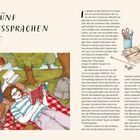 „Die fünf Liebessprachen heute“ als Überschrift. Text über die fünf Sprachen der Liebe. Illustration: Zwei Personen lesen im Park.