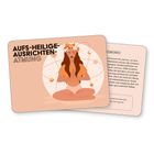 "AUFS-HEILIGE-AUSRICHTEN ATMUNG" steht links über einer Frau in Meditationshaltung mit Blumenkranz. Beige, orange Töne.