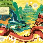 Titel: "Der schnelle Fluss". Tiere, einschließlich eines Drachen, überqueren einen lebendig dargestellten gelben Fluss.