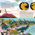 "ZEITALTER DER REPTILIEN" oben links. Illustrationen von Dinosauriern und prähistorischer Landschaft mit Pflanzen und Vulkanen.