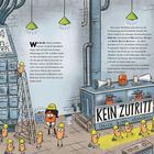 Texte: "Drüsenabteilungen", "Wie du dir sicher vorstellen kannst...", "SO LEISTE ICH HEUTE GUTE ARBEIT", "KEIN ZUTRITT". 

Illustration einer Fabrik mit Glühbirnen, Schildern und Figuren mit Helmen.