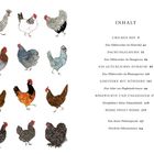 INHALT: Kapitel über Hühner und Gartenarbeit. Links zwölf bunte Hühner-Illustrationen in verschiedenen Posen.