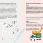 Texte: "Kulinarische Zeitreise durch Asakusa", "TENGOKU", "FUKUCHAN", "LEMON PIE". Karte von Asakusa, Illustration von einem Lieferwagen mit einer Garnelen-Skulptur.