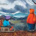 Schlittenfahrer seufzen: Nee, nirgendwo ein Flöckchen Schnee! Illustration: Kind auf Schlitten, Hund, Eichhörnchen, Herbstlandschaft.