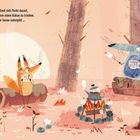 Text: "Jeden Abend freut sich Fuchs darauf, mit den anderen einen Kakao zu trinken. Doch wenn die Sonne untergeht..."

Illustration: Ein Fuchs mit Becher, ein Wolf röstet Marshmallows, ein Igel mit Becher, Lagerfeuer im Wald.