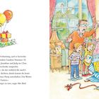 Texte: "Happy Birthday!", "Ein Zauberkasten!", "Ja", "Party", "Access All Areas", "Art Girl".

Illustration: Ein Bär packt Geschenke aus; fröhliche Menschen im Raum.
