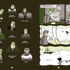 Illustration von Charakteren wie Victor Frankenstein. Szenen auf einem Schiff, eine schneebedeckte Landschaft, Dialog über ein Wesen.