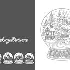 Text "Schneekugelträume". Illustration von Schneekugeln mit Winterdorf und Tannen in Schwarz-Weiß.